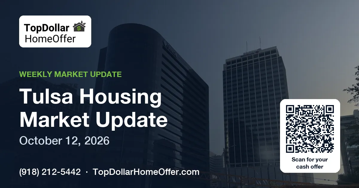 Tulsa Housing Market Update, October 12, 2026 — Top Dollar Home Offer card over the downtown Tulsa skyline with a QR code for a cash offer and (918) 212-5442