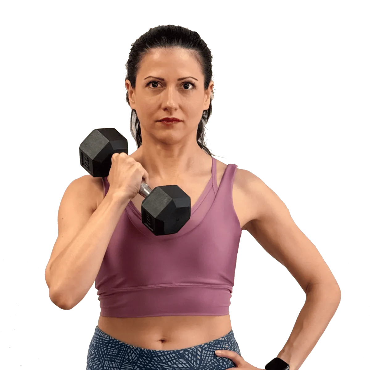 Galina Penev demonstrating a dumbbell strength exercise for the Zen Core program