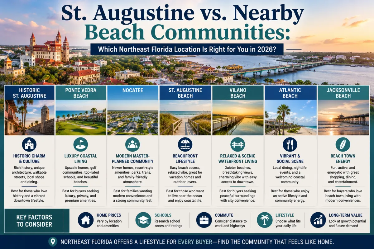 Comparison of St. Augustine and nearby Northeast Florida beach communities featuring coastal neighborhoods, waterfront living, and lifestyle options.
