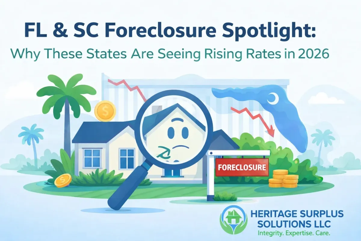 Illustration highlighting rising foreclosure rates in Florida and South Carolina for 2026, featuring a worried house under a magnifying glass, a foreclosure sign, declining market charts, palm trees, and coins symbolizing financial stress and housing market instability. The image headline reads “FL & SC Foreclosure Spotlight: Why These States Are Seeing Rising Rates in 2026,” with the Heritage Surplus Solutions LLC logo displayed. Ideal for content about foreclosure trends, housing market analysis, and surplus fund opportunities.