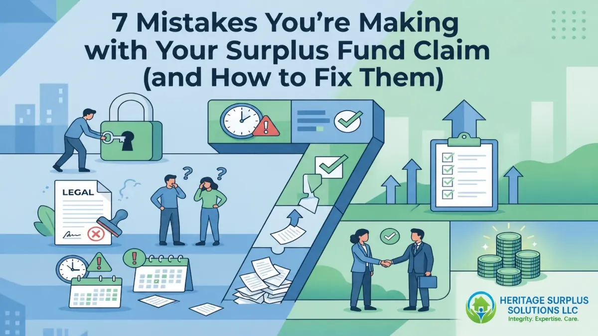 Illustration highlighting common surplus fund claim mistakes and solutions, featuring missed deadlines, incorrect legal paperwork, confusion during the claims process, and incomplete submissions contrasted with successful claim completion, verified checklists, and recovered funds. The headline reads “7 Mistakes You’re Making with Your Surplus Fund Claim (and How to Fix Them),” alongside the Heritage Surplus Solutions LLC logo. Ideal for educational content about foreclosure surplus claims, avoiding claim errors, and maximizing recovery success.