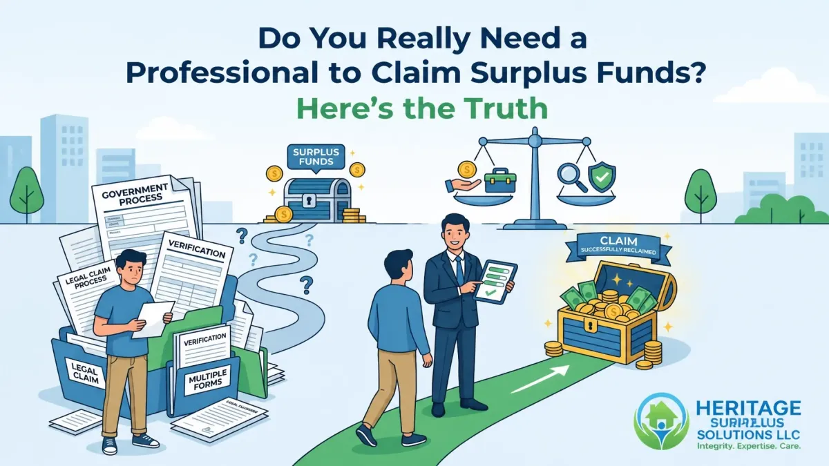Illustration comparing DIY surplus fund claims versus hiring a professional, featuring a homeowner overwhelmed by legal paperwork and verification forms on one side and a guided path toward successfully reclaimed surplus funds on the other. Icons include scales of justice, verification symbols, and a treasure chest filled with recovered money. The headline reads “Do You Really Need a Professional to Claim Surplus Funds? Here’s the Truth,” alongside the Heritage Surplus Solutions LLC logo. Ideal for educational content about foreclosure surplus claims, DIY claim assistance, and homeowner financial recovery options.