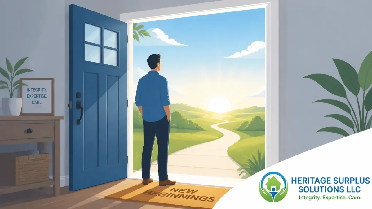 Heritage Surplus Solutions LLC illustration showing an open door, sunrise path, and new beginnings.