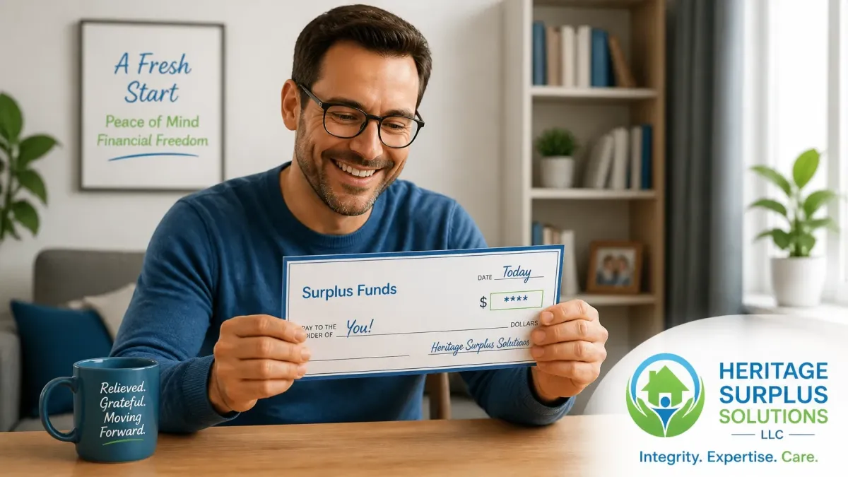 Smiling homeowner holding a Heritage Surplus Solutions surplus funds check after recovering foreclosure surplus funds, representing financial relief and nationwide unclaimed funds recovery services.