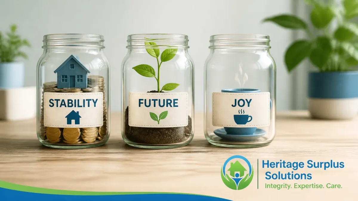 Three jars labeled Stability, Future, and Joy represent financial recovery, growth, and peace of mind through Heritage Surplus Solutions' foreclosure surplus funds recovery services.