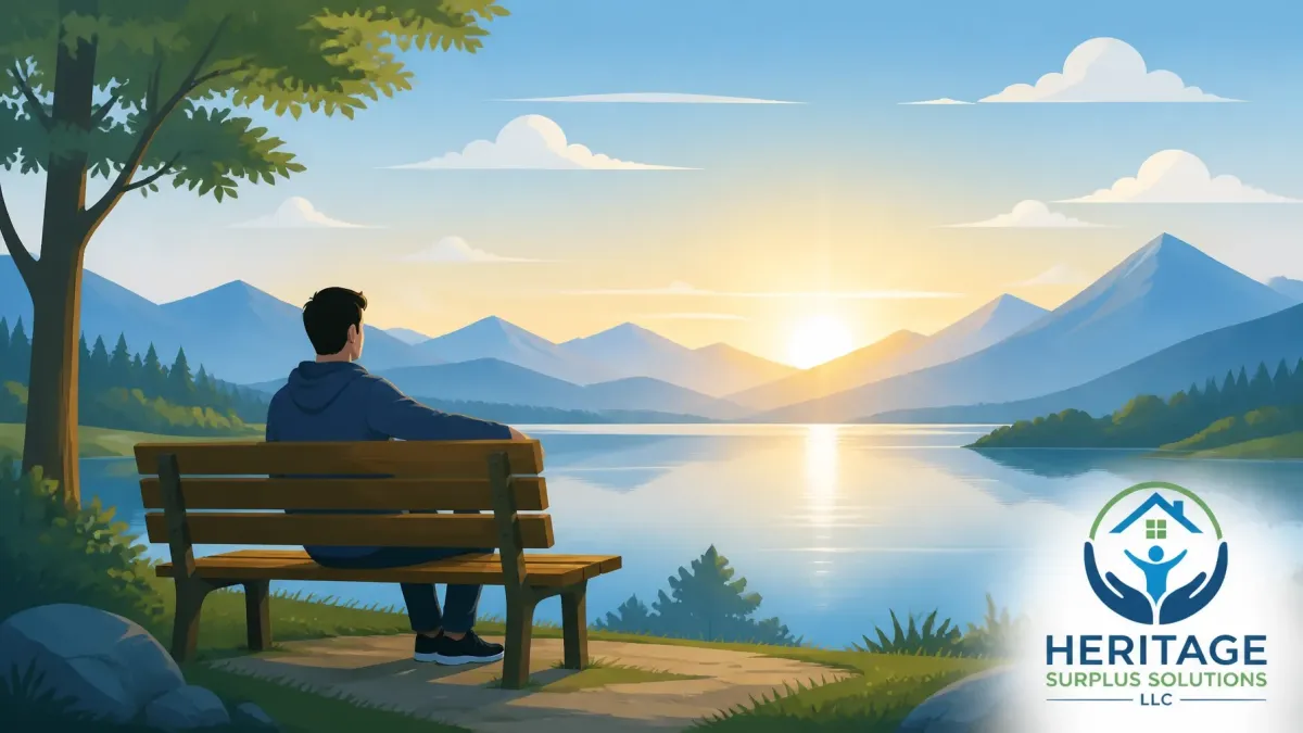 Person sitting on a bench overlooking a peaceful lake at sunrise, symbolizing hope, financial recovery, and peace of mind after recovering foreclosure surplus funds with Heritage Surplus Solutions, a nationwide unclaimed funds recovery company.