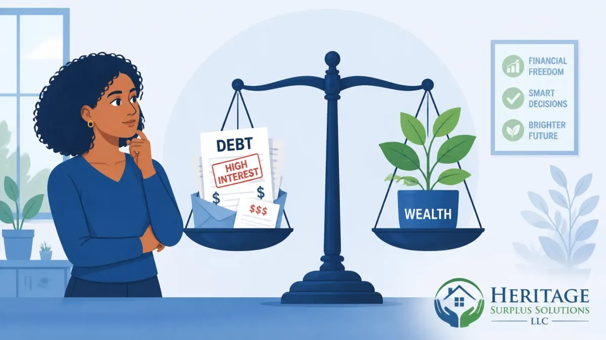 Woman considering a balance scale comparing debt and wealth, symbolizing financial freedom, smarter financial decisions, and a brighter future after recovering foreclosure surplus funds with Heritage Surplus Solutions, a nationwide unclaimed funds recovery company.