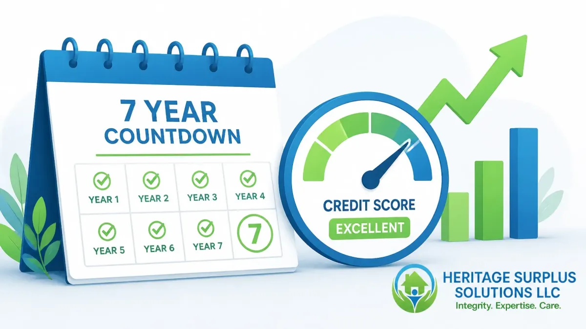 Seven-year countdown calendar with an excellent credit score gauge and upward growth chart, symbolizing financial recovery, credit rebuilding after foreclosure, and a brighter financial future with Heritage Surplus Solutions, a nationwide foreclosure surplus funds recovery company.