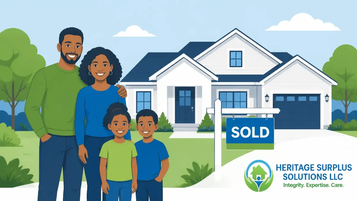 Happy family standing in front of their new home with a sold sign, symbolizing financial recovery, homeownership, and a brighter future after recovering foreclosure surplus funds with Heritage Surplus Solutions, a nationwide unclaimed funds recovery company.