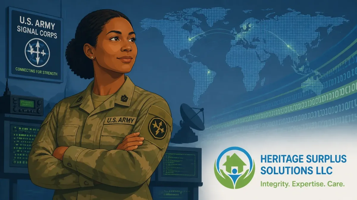 Illustration of a U.S. Army Signal Corps soldier standing in a communications center, symbolizing leadership, military service, technical expertise, and eight years of serving with integrity.