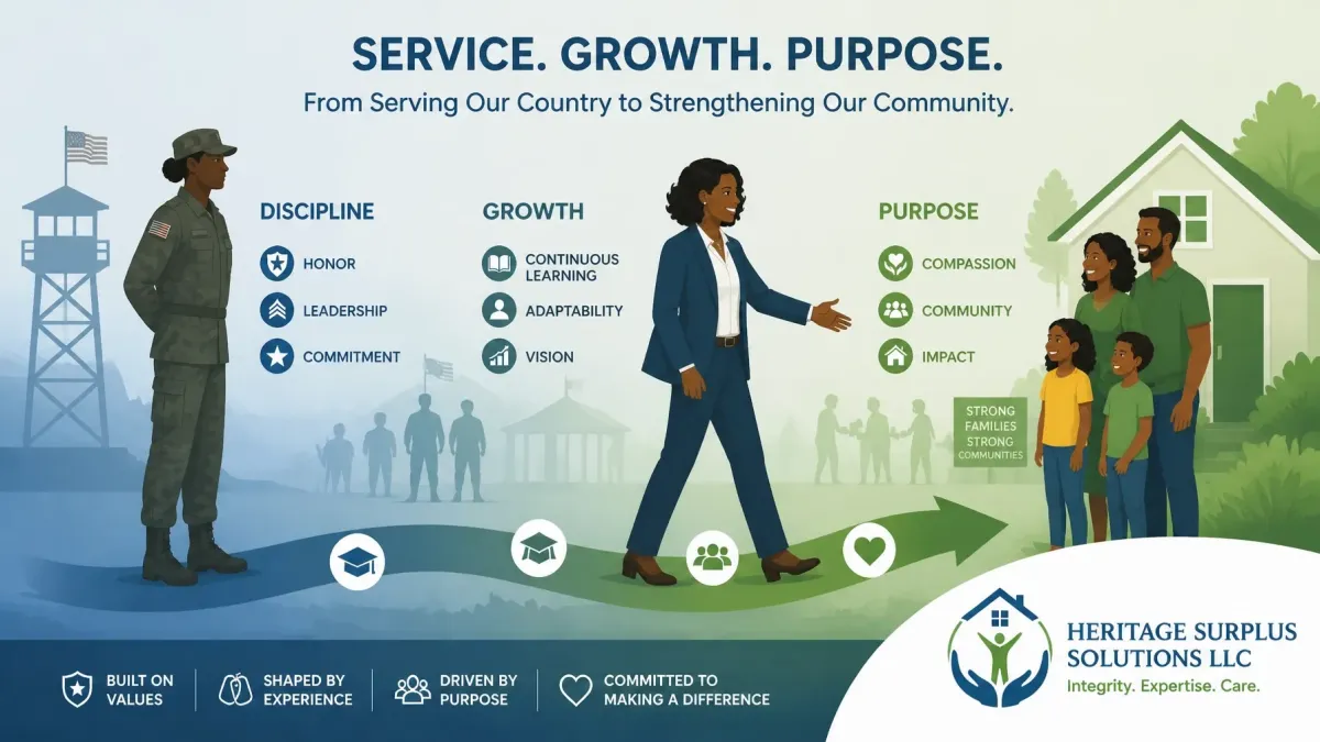 Illustration of a military veteran transitioning to community service through surplus funds recovery, highlighting discipline, growth, and purpose with Heritage Surplus Solutions LLC.
