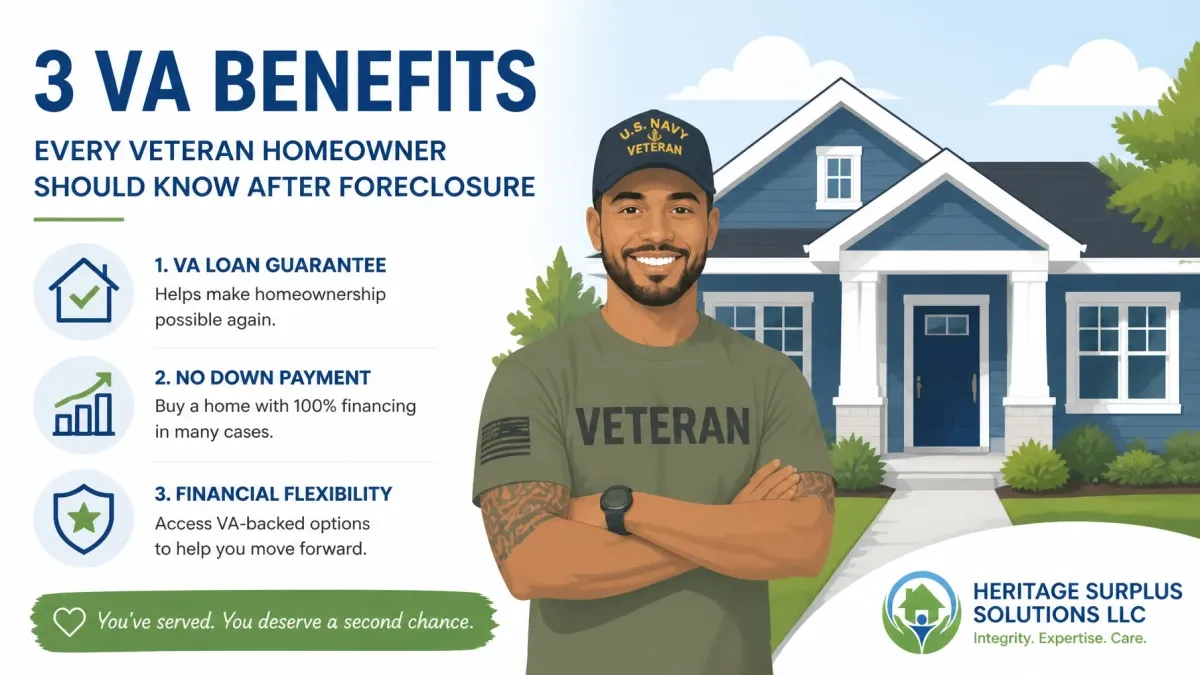 Illustration of a U.S. Navy veteran highlighting three VA loan benefits for veteran homeowners after foreclosure, including loan guarantees, no down payment, and financial flexibility.