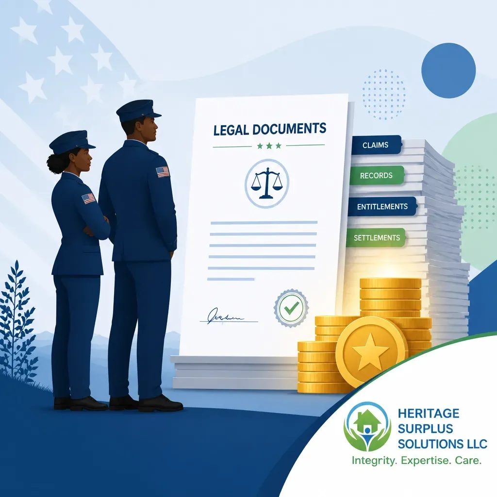 Illustration of military veterans reviewing legal documents for surplus funds recovery, claims, entitlements, and settlements with Heritage Surplus Solutions LLC.