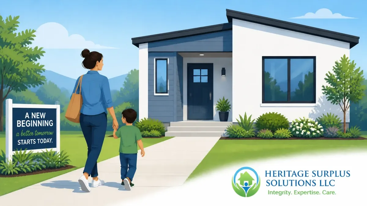 Illustration of a mother and child walking toward their new home, symbolizing a fresh start after foreclosure through surplus funds recovery with Heritage Surplus Solutions LLC.