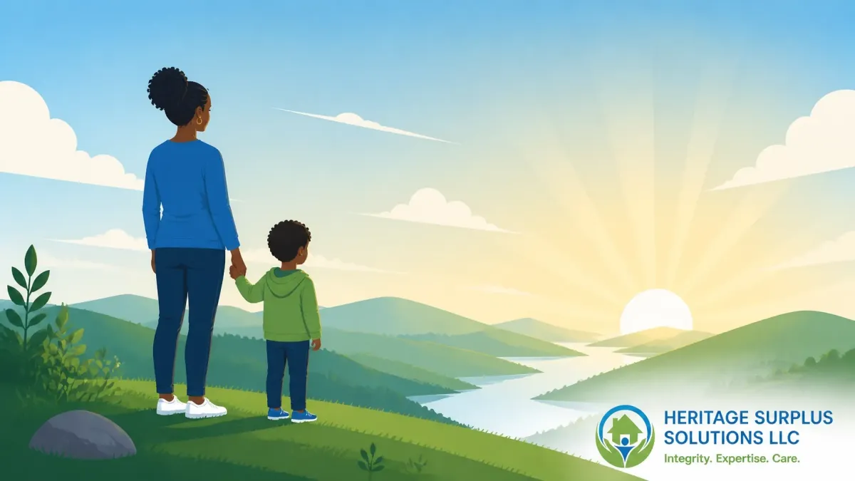 Illustration of a mother and child looking toward a sunrise, symbolizing hope, financial recovery, and a brighter future through surplus funds recovery with Heritage Surplus Solutions LLC.
