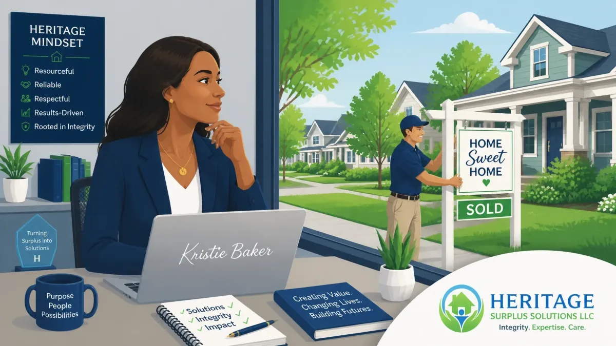 Illustration of Heritage Surplus Solutions founder Kristie Baker working to help homeowners recover surplus funds, with a sold home symbolizing financial recovery and new beginnings.