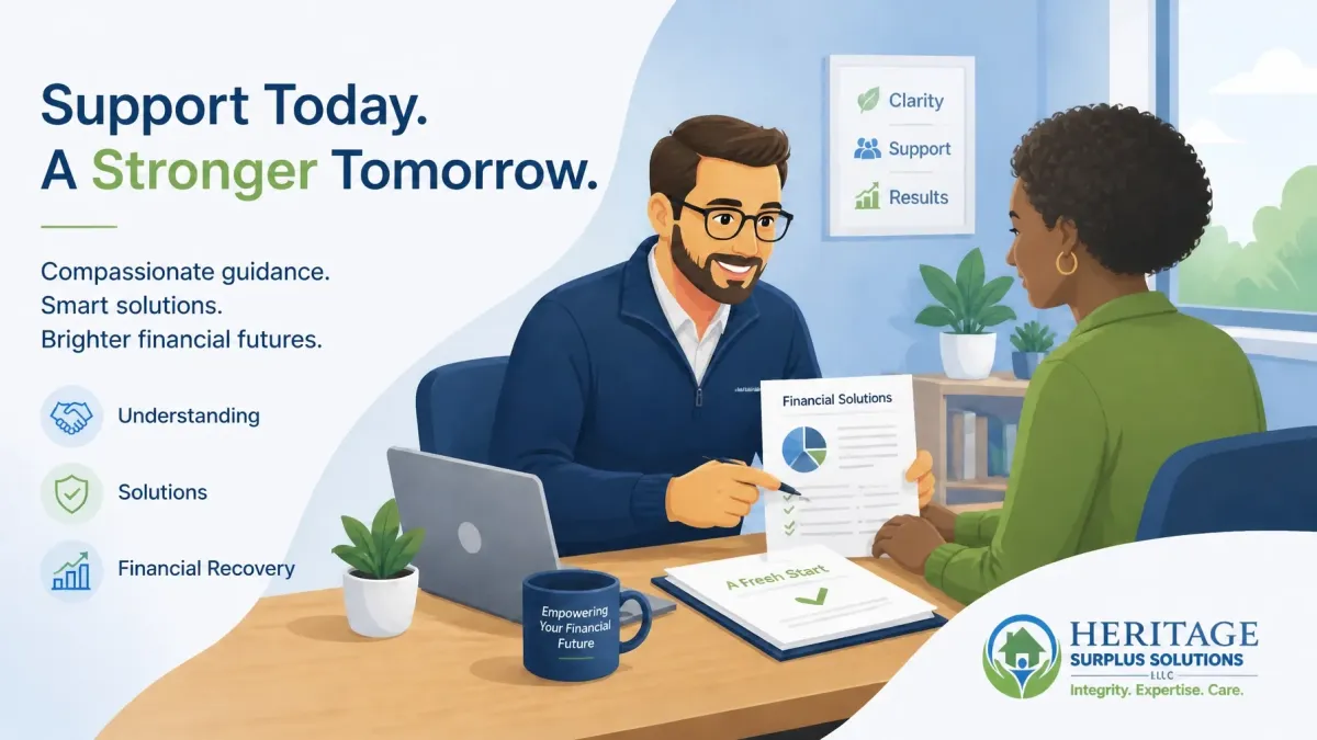 Illustration of a Heritage Surplus Solutions advisor helping a homeowner understand surplus funds recovery and financial solutions for a brighter financial future.