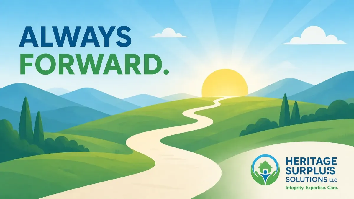 Inspirational illustration of a winding path leading toward a sunrise, symbolizing hope, financial recovery, and moving forward after foreclosure with Heritage Surplus Solutions LLC.