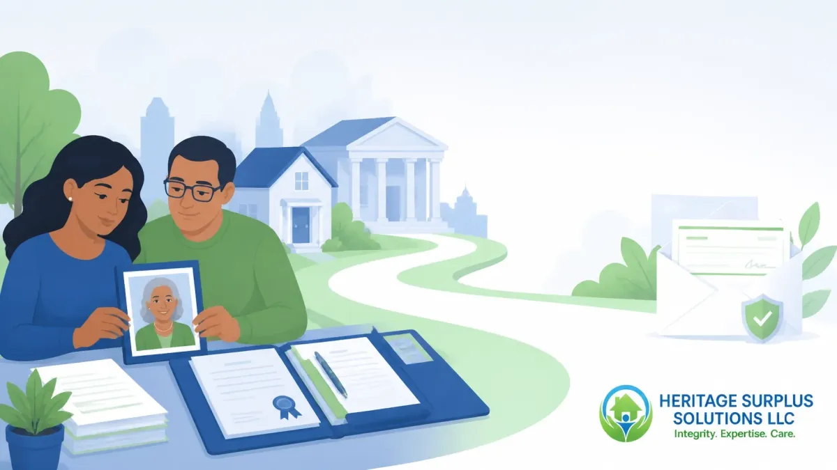Family reviewing property documents and inheritance records with Heritage Surplus Solutions