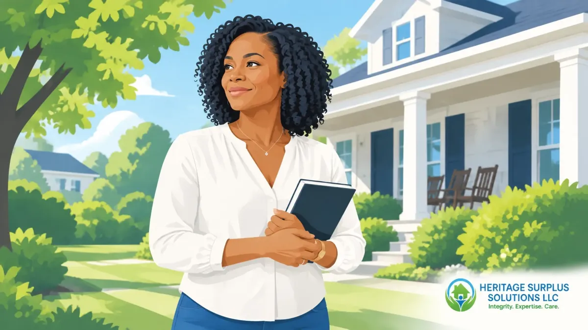 Woman reviewing property documents outside a residential home for property surplus and real estate recovery services