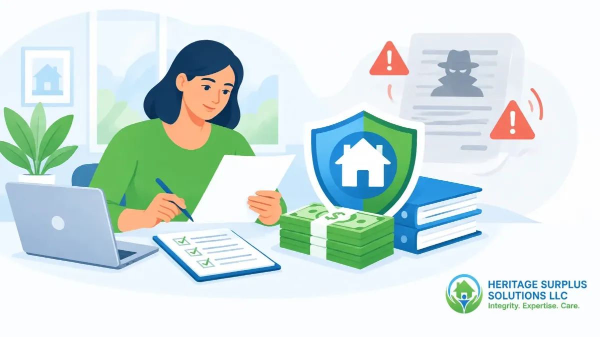 Homeowner reviewing property documents and surplus funds while protecting against real estate fraud and scams