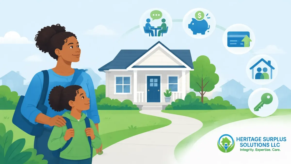 Mother and child standing in front of a home, representing homeownership, property recovery, and surplus funds assistance.
