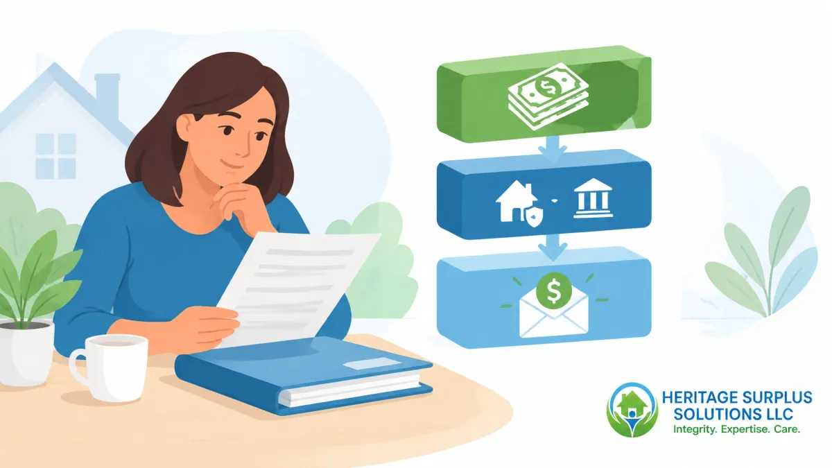 Woman reviewing property documents illustrating the surplus funds recovery process and unclaimed money assistance by Heritage Surplus Solutions LLC