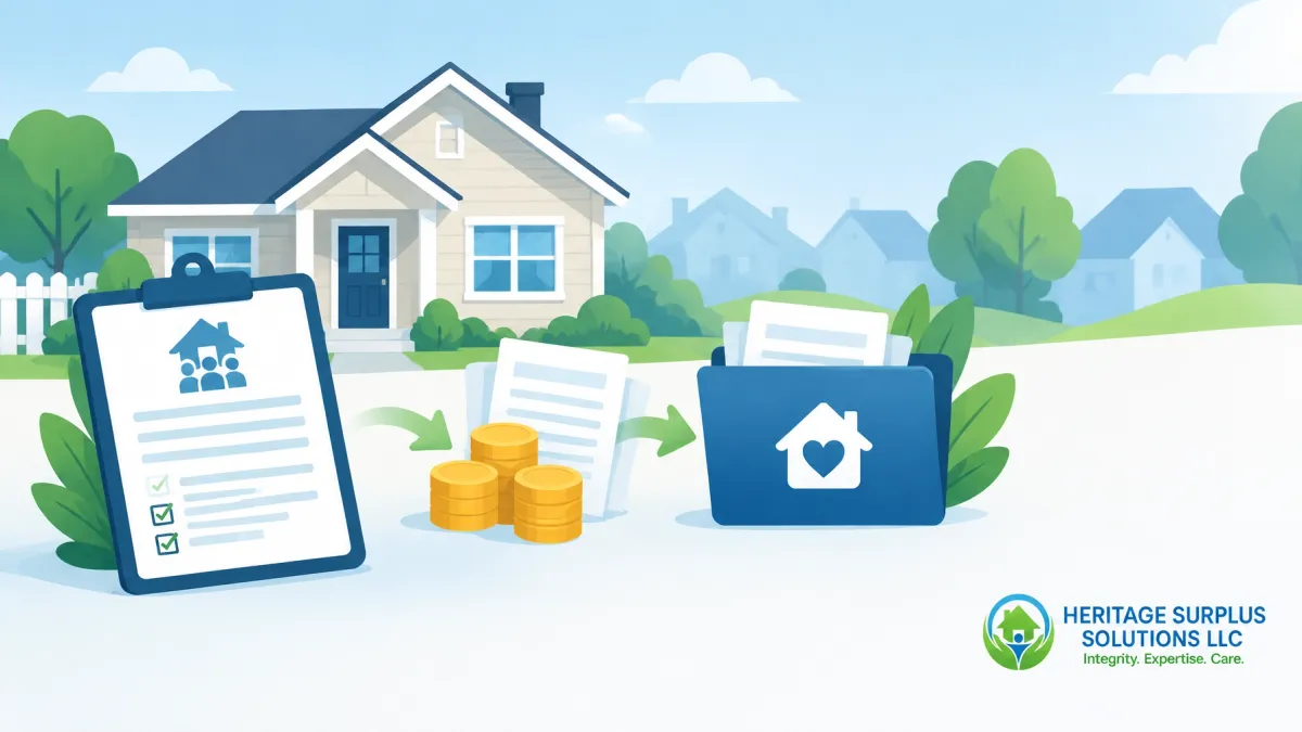 Homeowner surplus funds recovery process with property records, financial documents, and organized client case files.