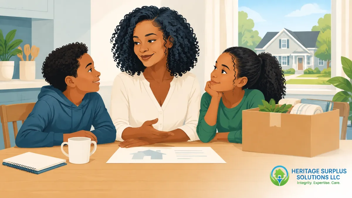A mother discussing homeownership and property documents with her two children at the kitchen table, representing family homeownership and surplus funds recovery services offered by Heritage Surplus Solutions LLC.