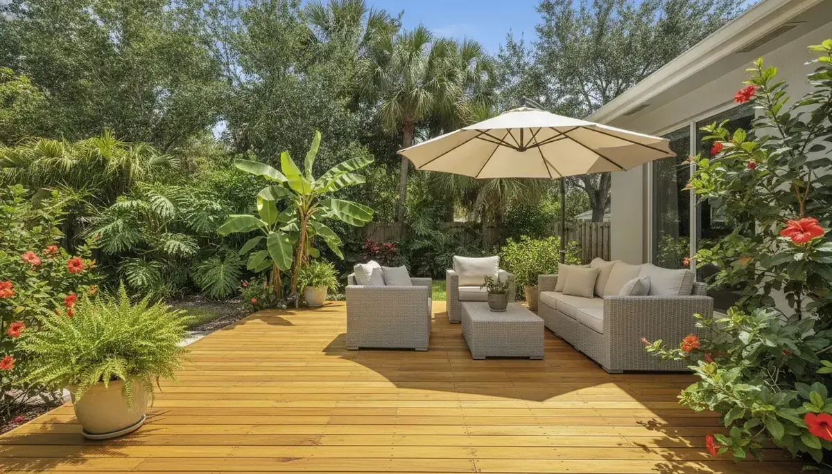 Restored golden wooden deck after professional cleaning