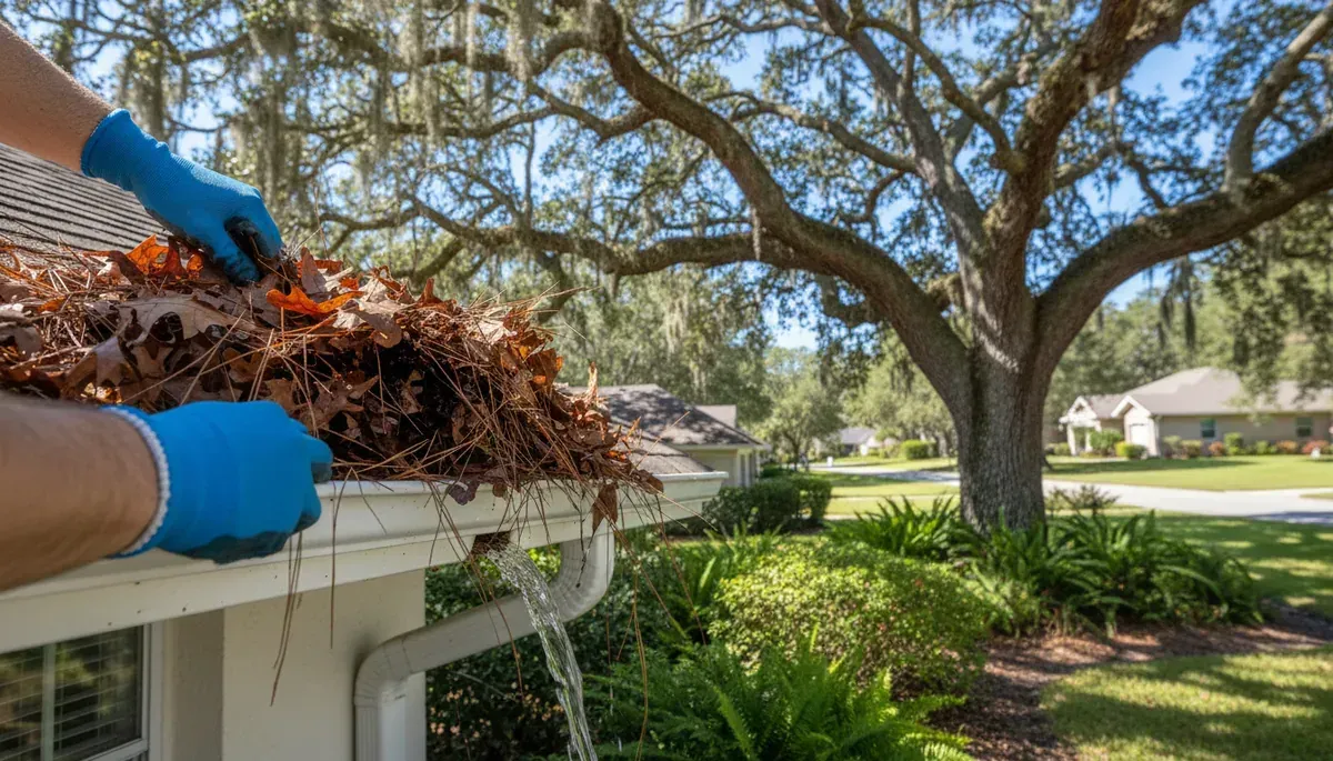 Gloved hands clearing leaves from a Florida home's gutter