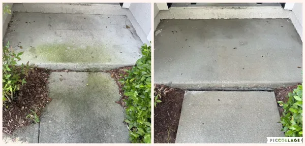 Concrete walkway covered in green algae before cleaning and clean afterwards