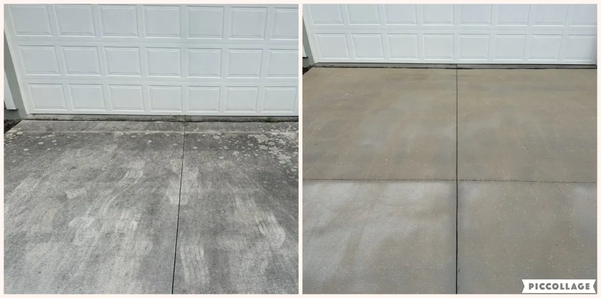 Stained concrete driveway before cleaning and clean afterwards