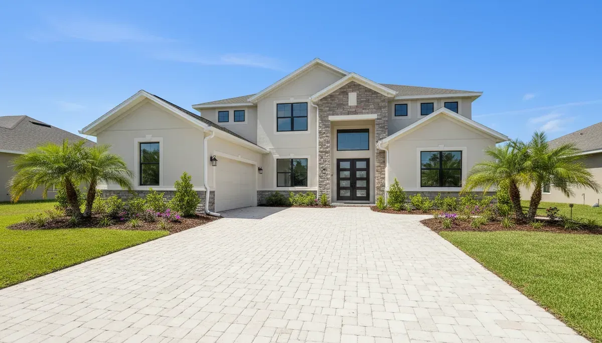 New build Nocatee home with clean pale paver driveway