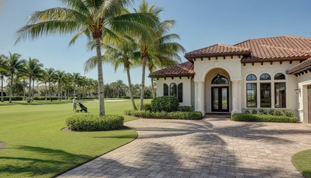 World Golf Village home with clean tile roof and paver driveway