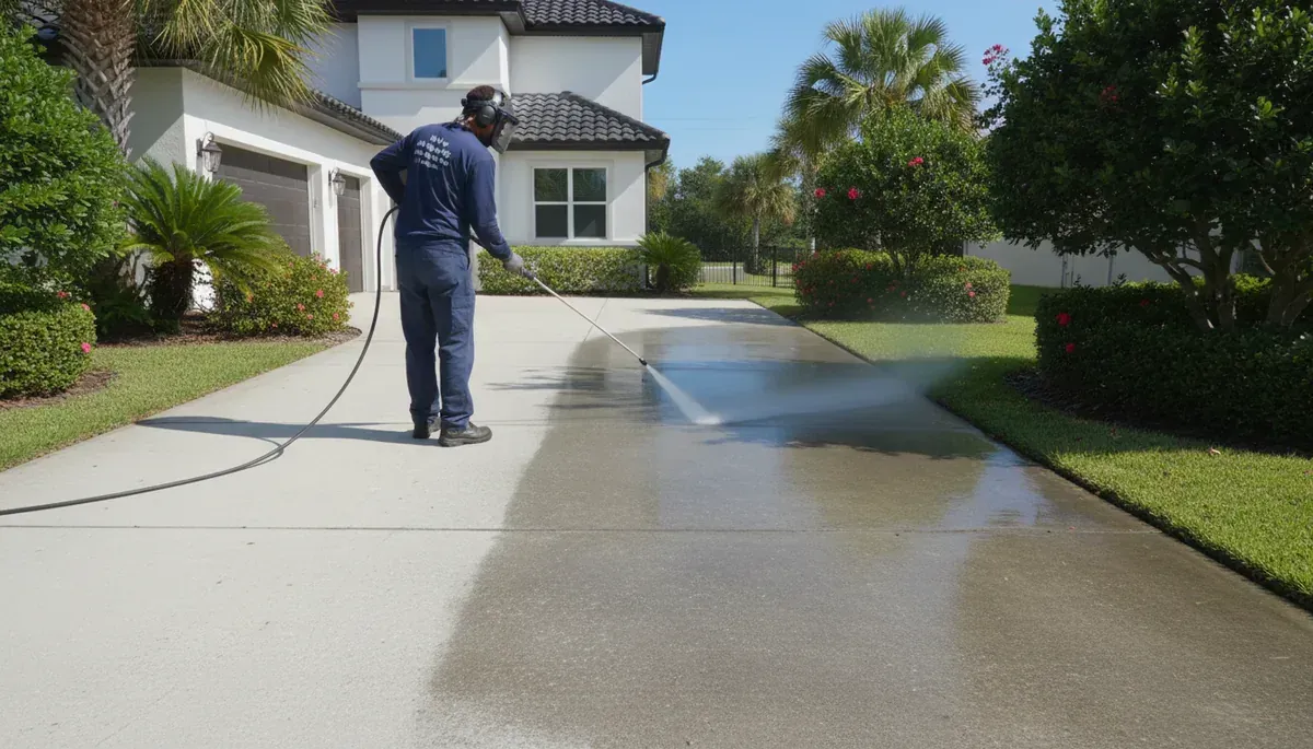 Technician pressure washing a residential concrete driveway