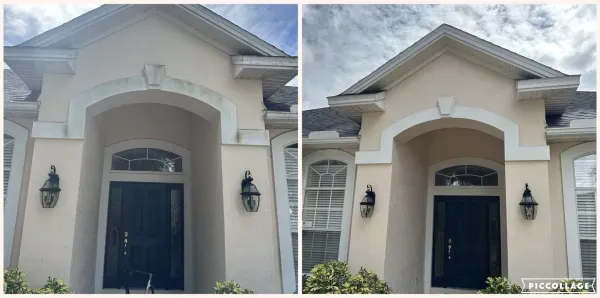 Stucco entryway before and after a gentle soft wash