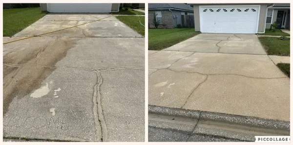 Stained driveway before cleaning and spotless afterwards