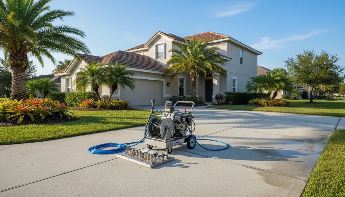 Pressure washing equipment set up on a Florida driveway