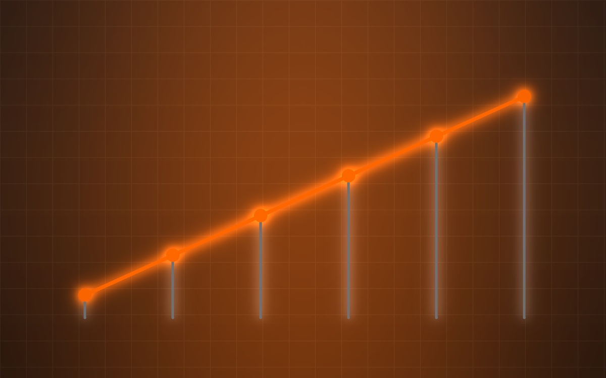 A neon gradient arrow graph rising upward on a dark background, symbolizing growth and increasing performance, with purple and blue glowing lines.