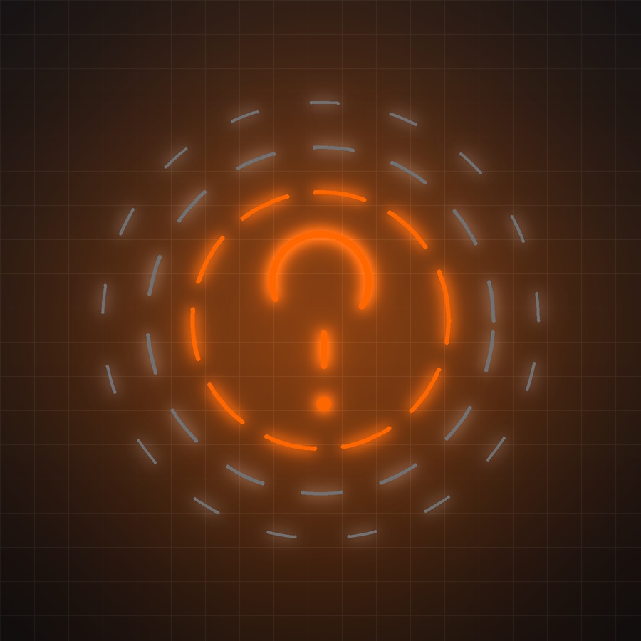 A neon purple question mark centered within multiple concentric circular rings on a dark techno-style background.