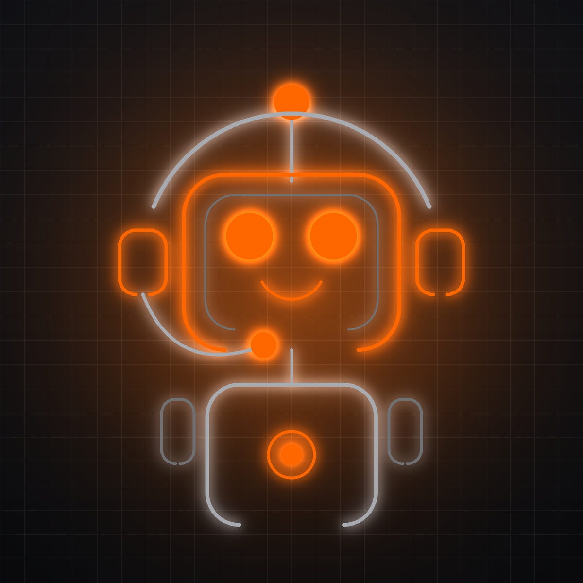 A young man holding a smartphone stands face-to-face with a humanoid robot, both lit by dramatic purple and blue lighting, suggesting a moment of communication or collaboration.
