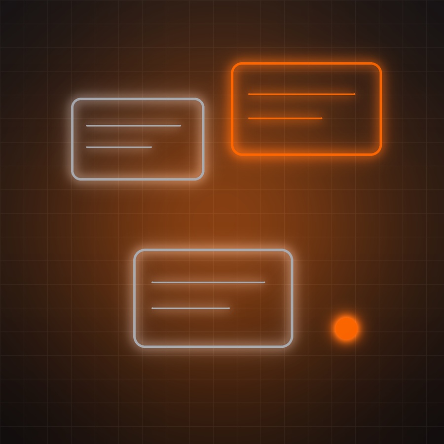 A glowing digital interface with multiple neon pink and blue UI panels floating in a 3D grid, all connected to a central light source on a dark futuristic background.