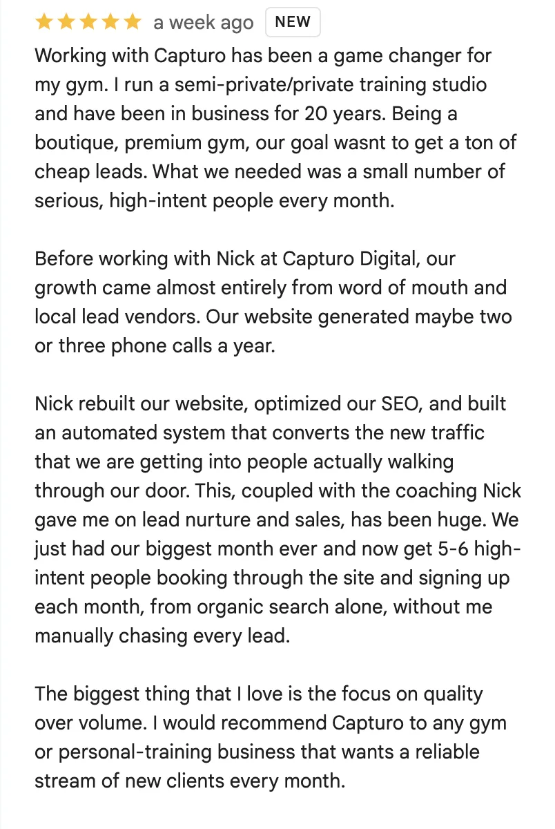 Capturo Digital 5 Star review: Gym owner has biggest month ever from organic growth with SEO website from Capturo Digital