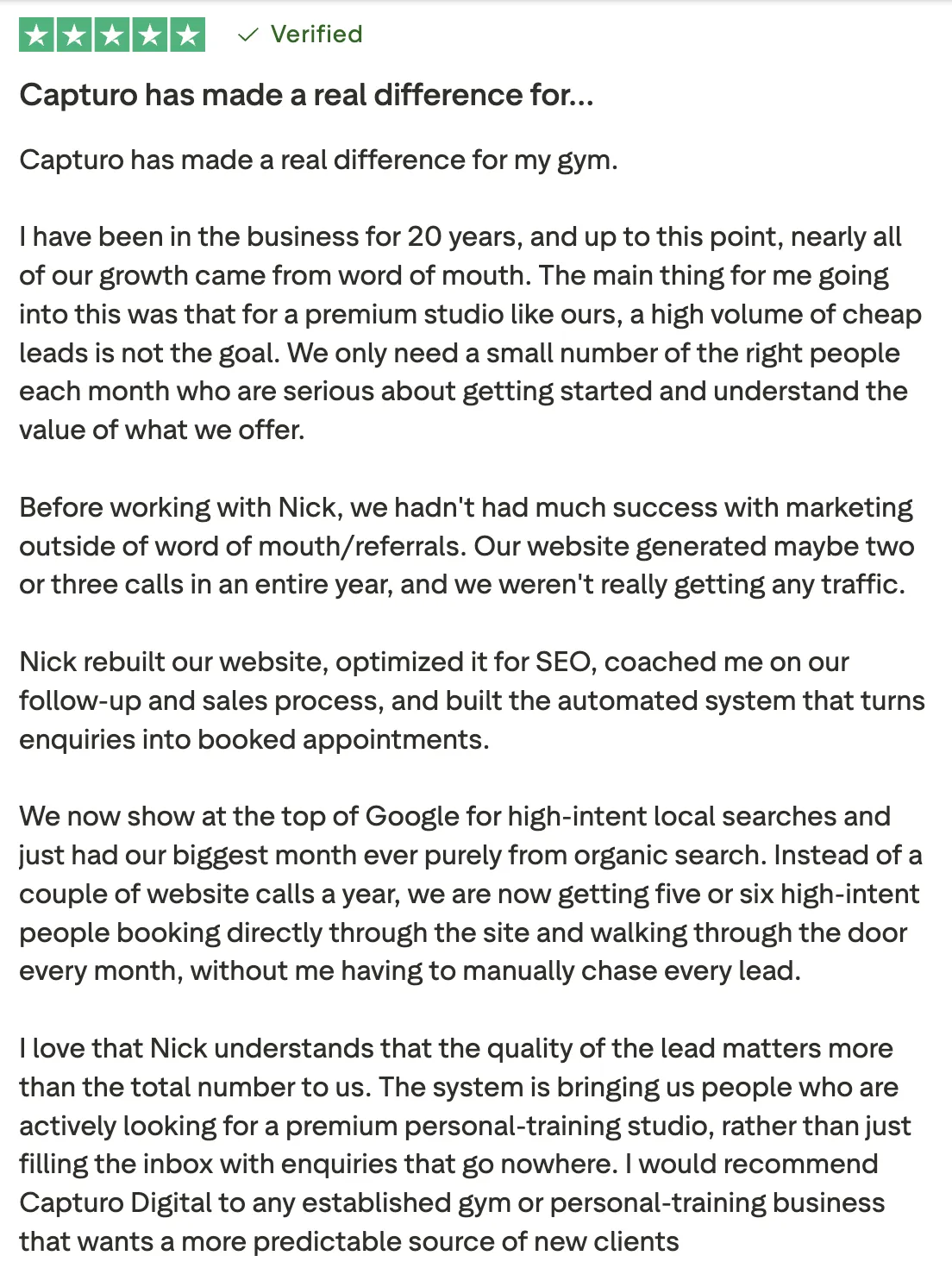 5 Star Trust Pilot review for Capturo Digital from personal training studio owner