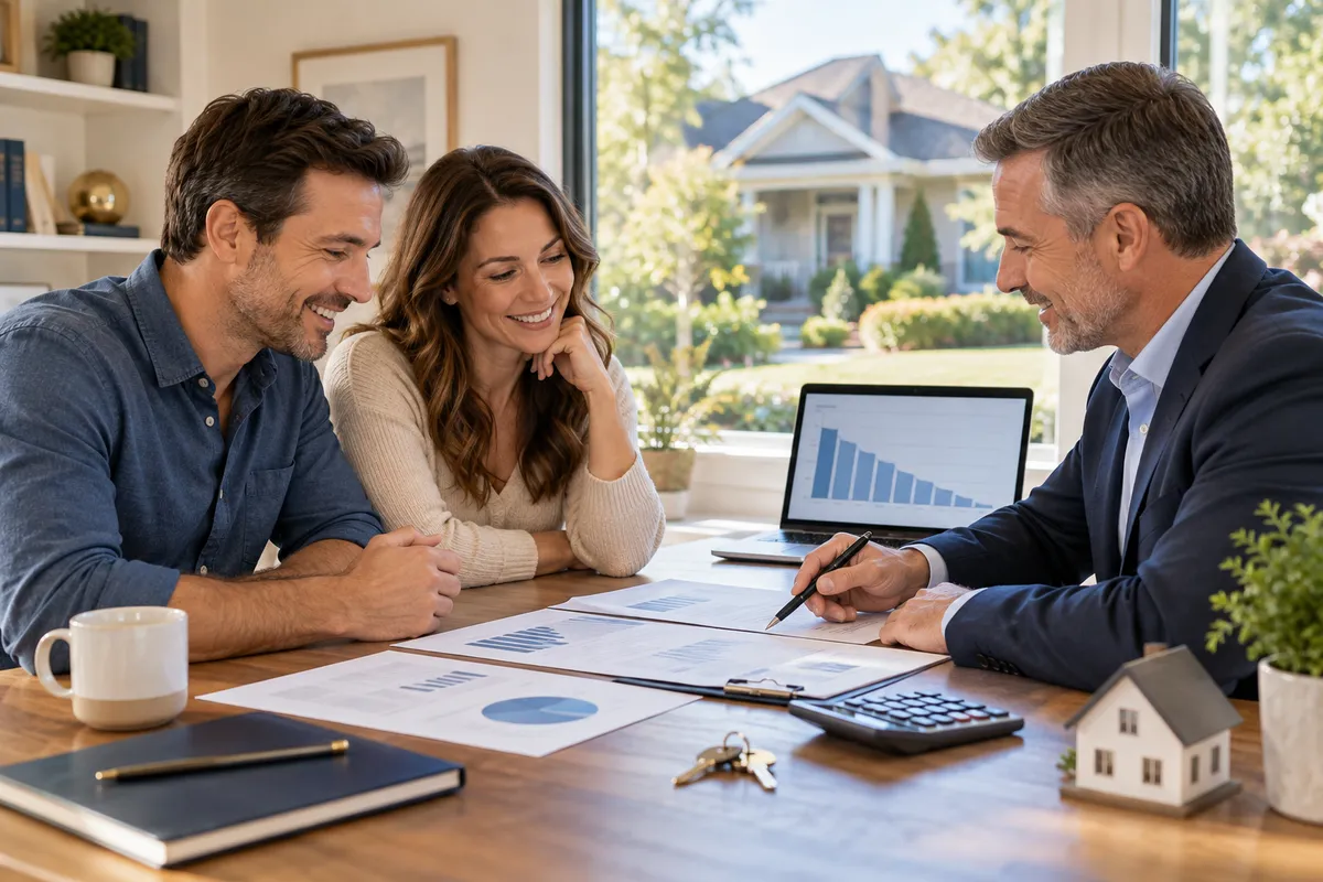 Homeowners reviewing a strategic mortgage payoff plan with a mortgage advisor