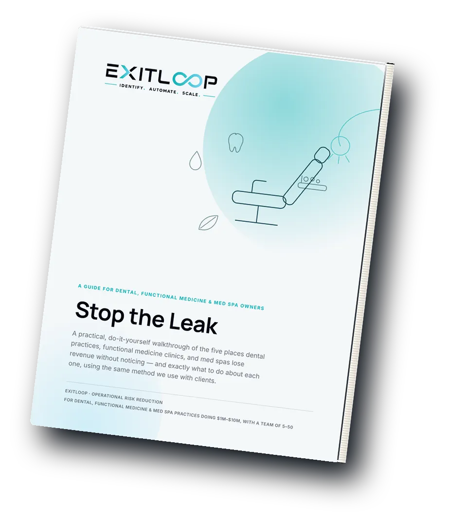 ExitLoop guide for dental, functional medicine, and med spa owners, illustrating how to stop revenue