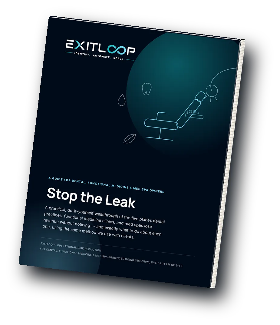 ExitLoop guide cover for dental, functional medicine, and med spa practices, illustrating revenue leak prevention