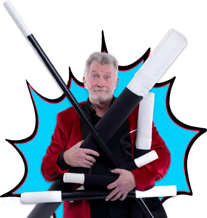Magician uncle Buck holding wands