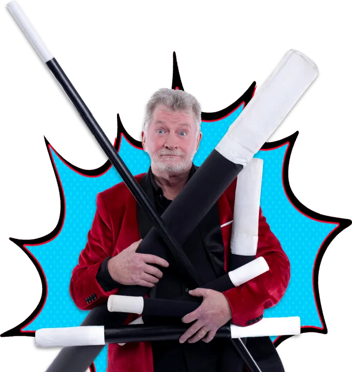 Magician uncle Buck holding wands